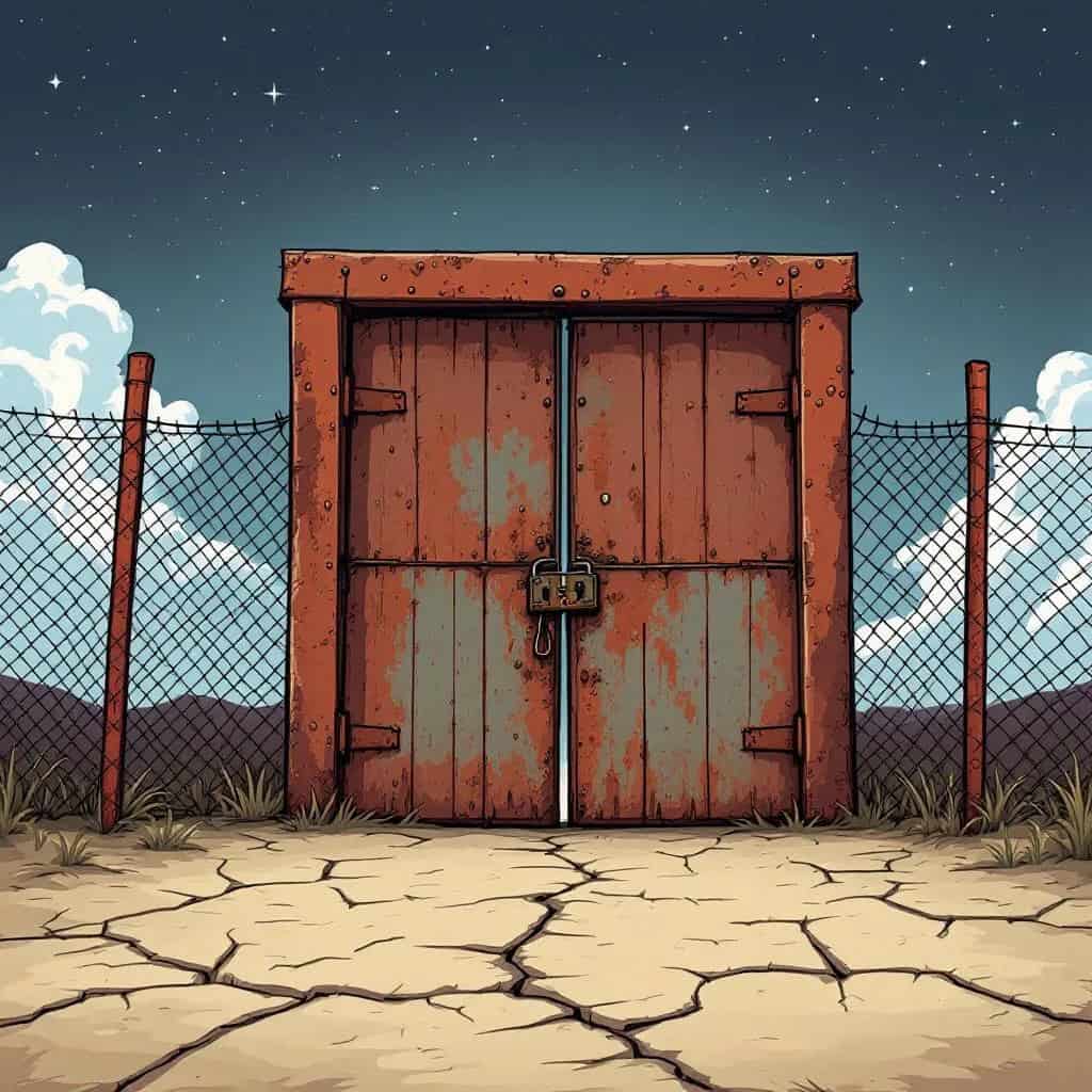 Tall cracked gate and fence showing that heaven is not the default plan for everyone