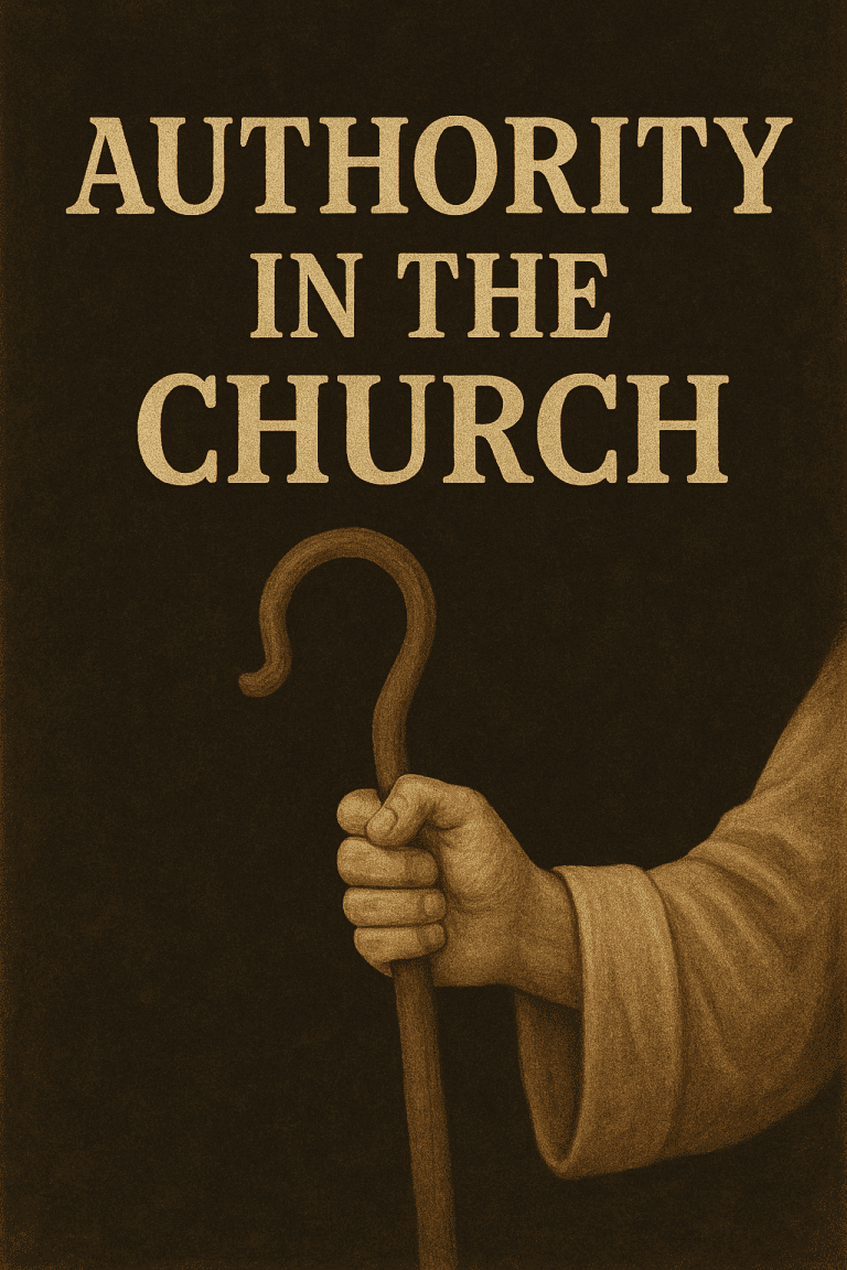 A digital illustration showing a hand in a robe firmly gripping a wooden shepherd’s staff, symbolizing spiritual leadership. The background is dark and textured, with the title “Authority in the Church” displayed above in large, bold beige lettering, evoking a sense of tradition, guidance, and ecclesiastical order.