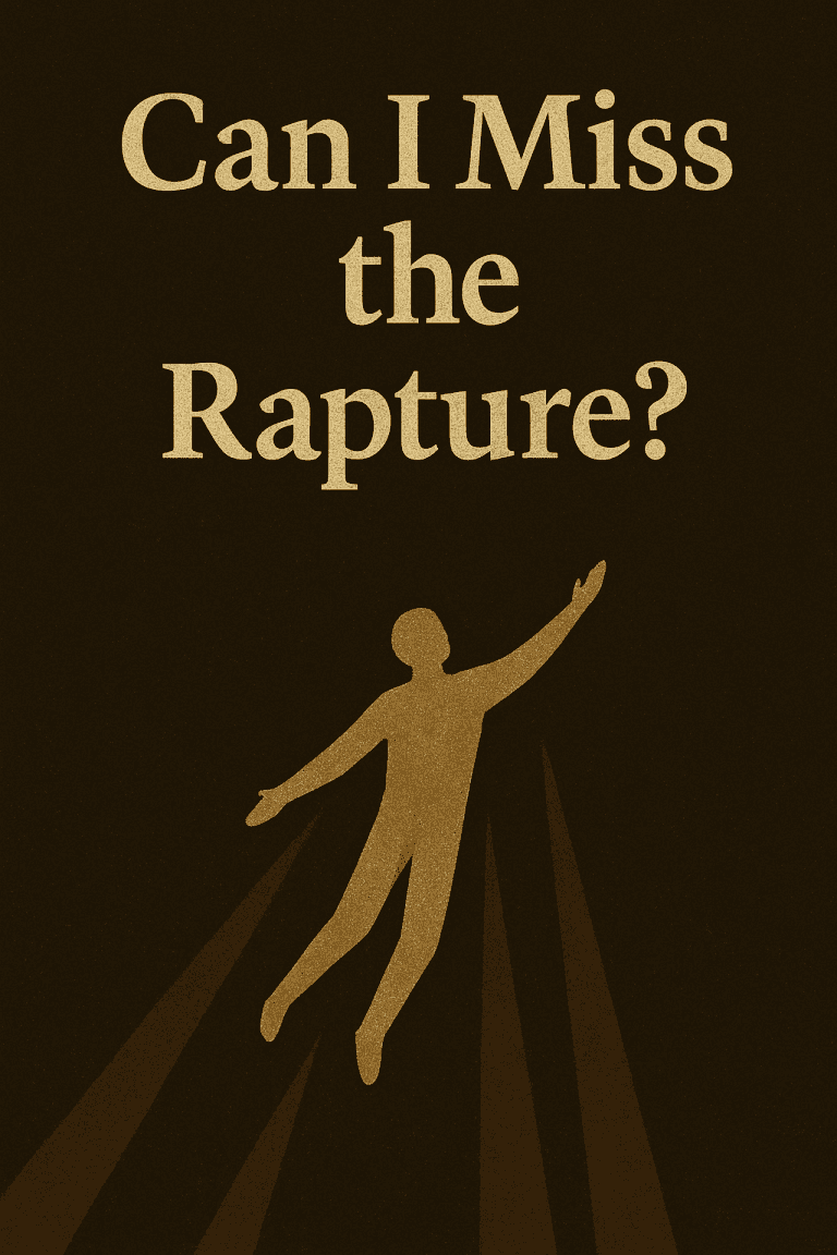 A digital illustration with the question “Can I Miss the Rapture?” in bold beige text centered on a dark, textured background. Below the text, a glowing silhouette of a person is shown ascending with outstretched arms, surrounded by rays of light, symbolizing the concept of the rapture and the urgency of readiness.