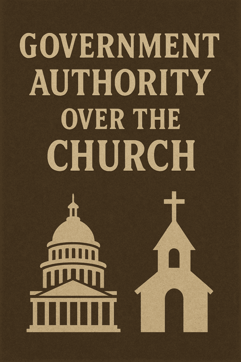 A digital illustration depicting a government building and a church building side by side in silhouette, symbolizing the tension between civil and spiritual authority. The background is textured dark brown, and the title “Government Authority Over the Church” appears in large beige letters above, evoking a serious and contemplative tone.