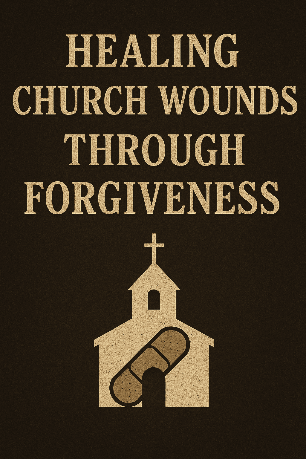 A digital illustration with the phrase “Healing Church Wounds Through Forgiveness” in bold beige text against a dark, textured background. Below the text, a simple church icon is shown with a large bandage placed diagonally across it, symbolizing restoration and emotional healing within the church through forgiveness.