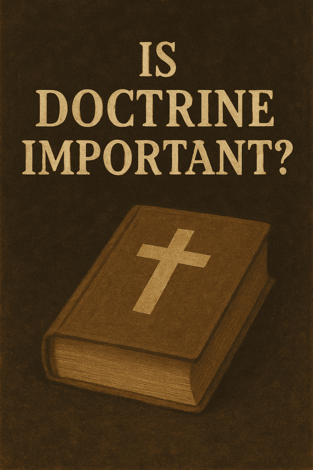 A digital illustration featuring the phrase “Is Doctrine Important?” in large, beige serif text at the top of a dark, textured background. Below the text lies a thick, brown hardcover book with a cross on the cover, symbolizing the Bible and emphasizing the significance of sound doctrine in the Christian faith.