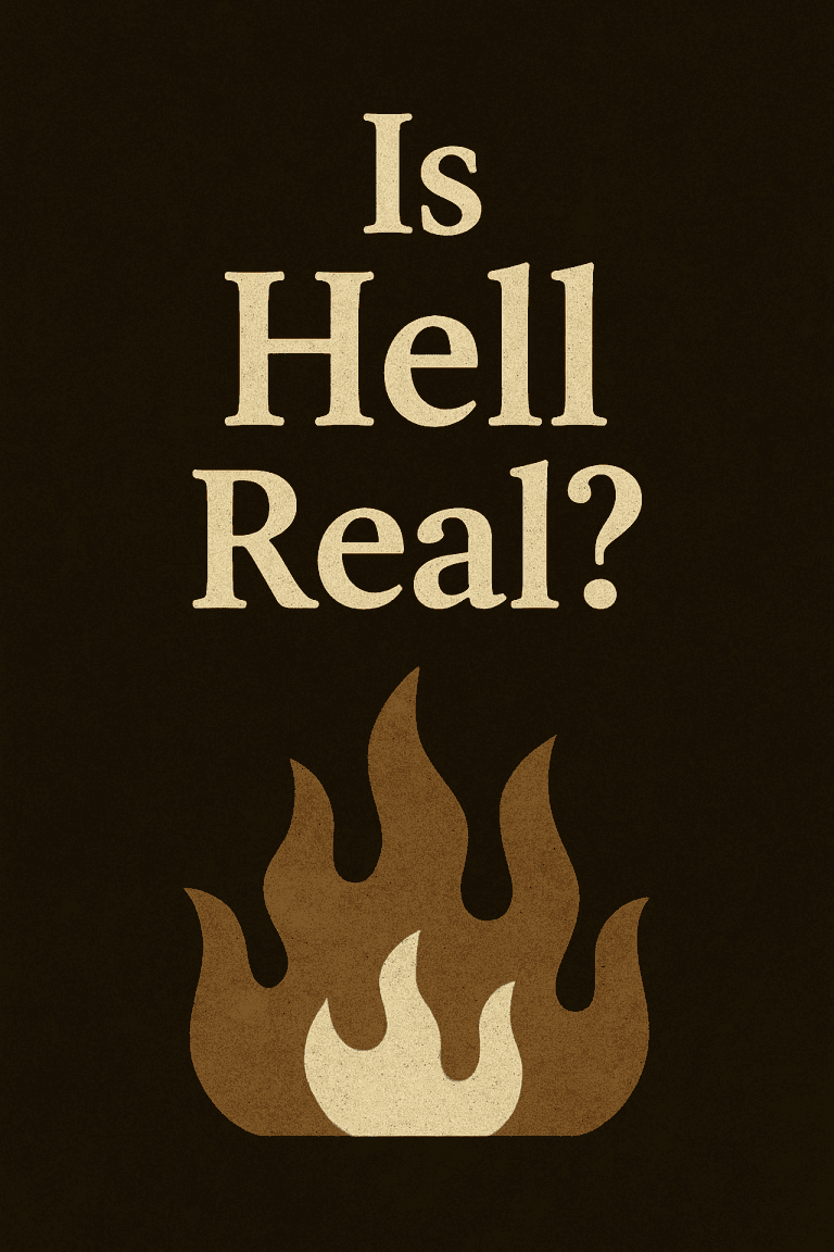A digital illustration with the question “Is Hell Real?” in large, distressed beige text centered on a dark, textured background. Below the text, stylized flames rise in layered beige and brown tones, symbolizing the traditional depiction of hell and prompting reflection on its reality.
