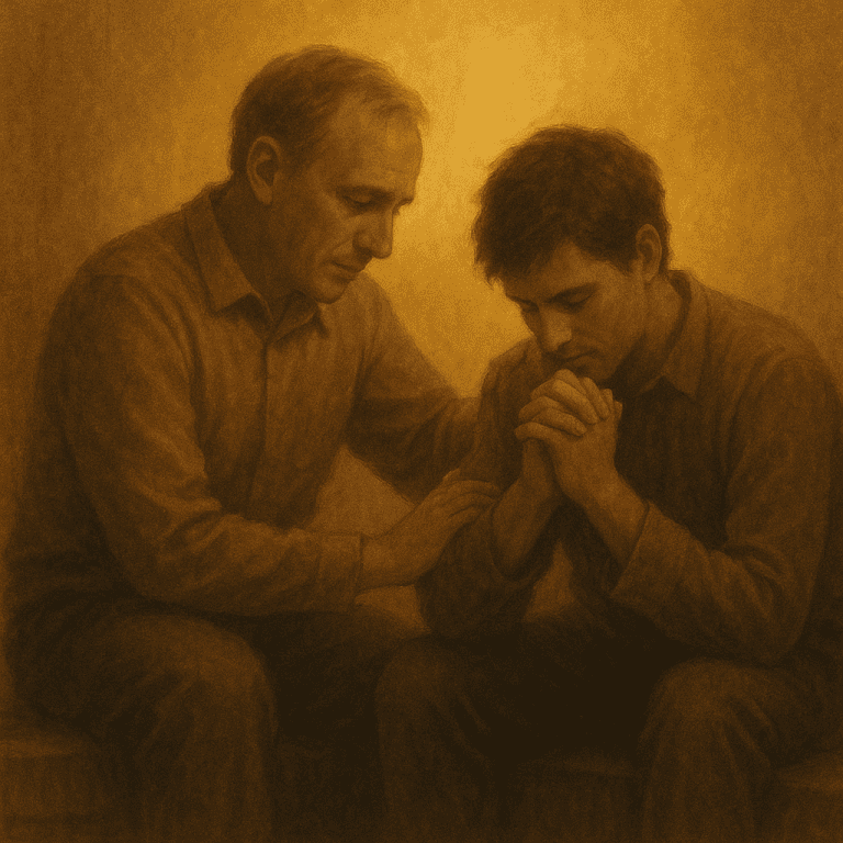A warm-toned digital painting of two men sitting close together in prayer. The younger man has his head bowed and hands clasped, while the older man gently rests a hand on his shoulder, offering comfort and support. The background glows with soft, golden light, creating a peaceful and compassionate atmosphere that reflects the theme of praying for others.
