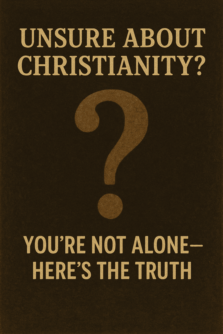 A digital illustration with a dark, textured background featuring the phrase “Unsure About Christianity?” in bold, distressed beige text at the top. A large question mark dominates the center, and beneath it, the subtitle reads “You’re Not Alone—Here’s the Truth,” emphasizing uncertainty, curiosity, and a promise of clarity.