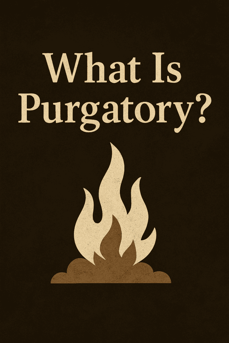 A digital illustration with the question “What Is Purgatory?” in large, beige serif text against a dark, textured background. Below the text, a stylized flame rises from a cloud-shaped base, symbolizing the traditional concept of purgatory as a place of purification through fire.