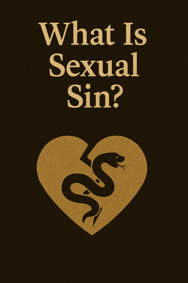 A digital illustration with the question “What Is Sexual Sin?” in bold beige text at the top, set against a dark, textured background. Below, a stylized heart is split by a jagged line with a snake coiled inside, symbolizing temptation, moral struggle, and the biblical view of sexual sin.