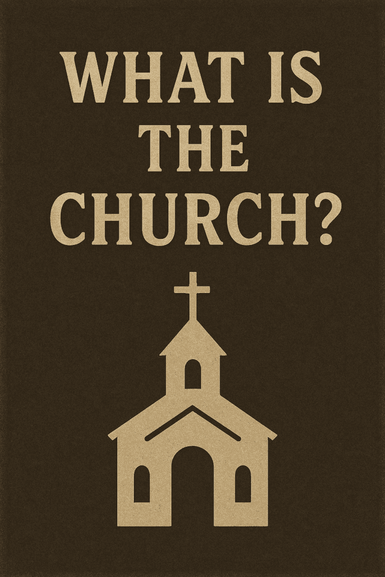 A digital illustration featuring a stylized beige church with a steeple and cross, centered on a dark brown, textured background. Above the church, the title “What Is the Church?” appears in large, distressed serif font, evoking a thoughtful and reverent tone.