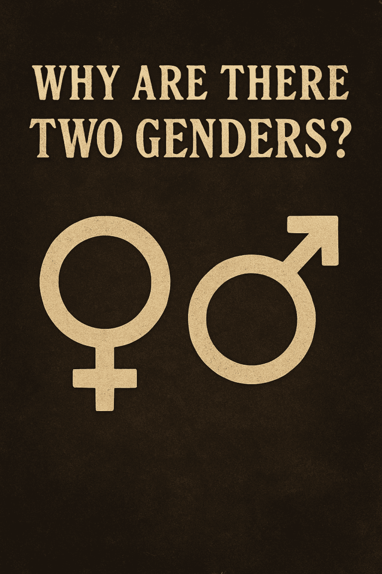 A digital illustration featuring the question “Why Are There Two Genders?” in bold, beige serif text at the top of a dark, textured background. Below the text are the classic male and female gender symbols, rendered in matching beige tones, representing the biblical concept of binary gender.