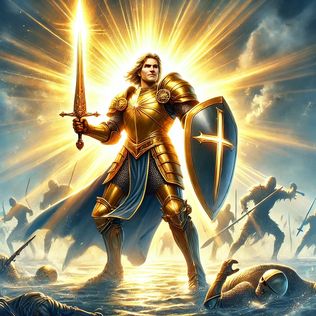 This golden armored knight proclaims victory over spiritual warfare in Christ