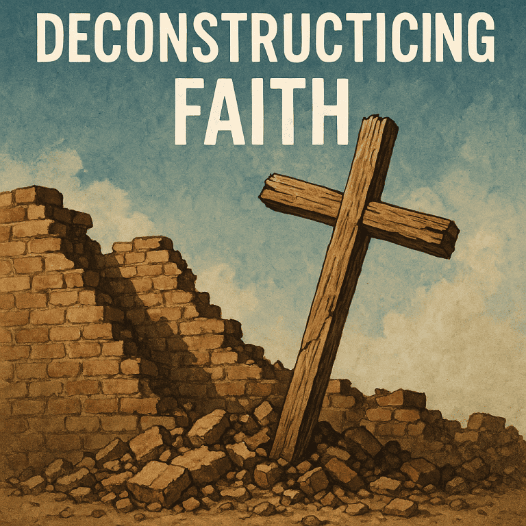 The cross amidst a pile of rubble show the process of deconstructing faith.