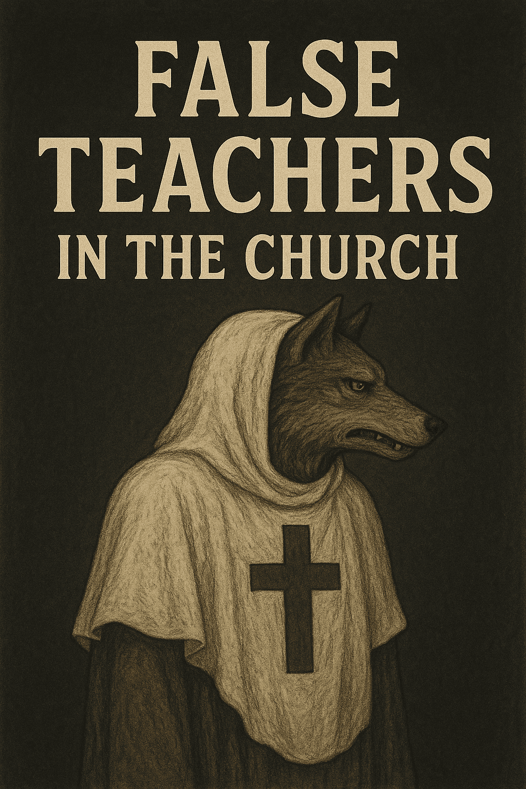 A digital illustration of a wolf wearing a white shepherd's robe with a black cross on the chest, symbolizing deception within the church. The wolf's sharp gaze and the dark, moody background convey danger and hypocrisy, representing false teachers disguised as spiritual leaders.