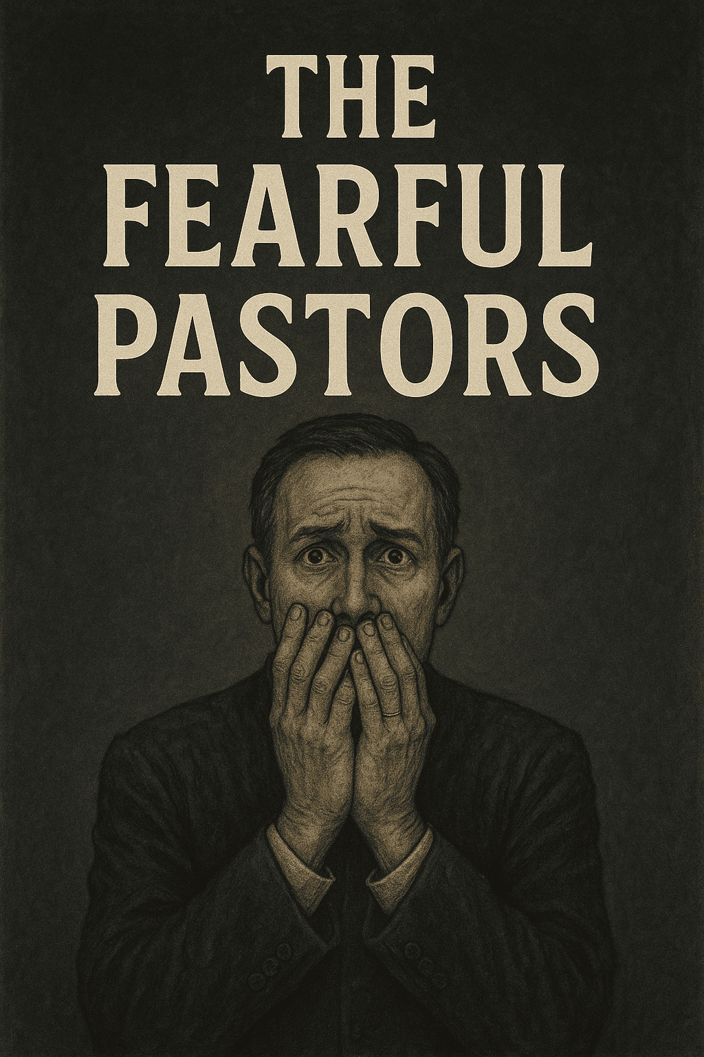 A digital illustration of a middle-aged pastor dressed in a dark clerical suit, covering his mouth with both hands in a gesture of fear or anxiety. His wide eyes and tense posture convey deep concern, while the shadowy background adds a somber, introspective mood fitting the theme "The Fearful Pastors.