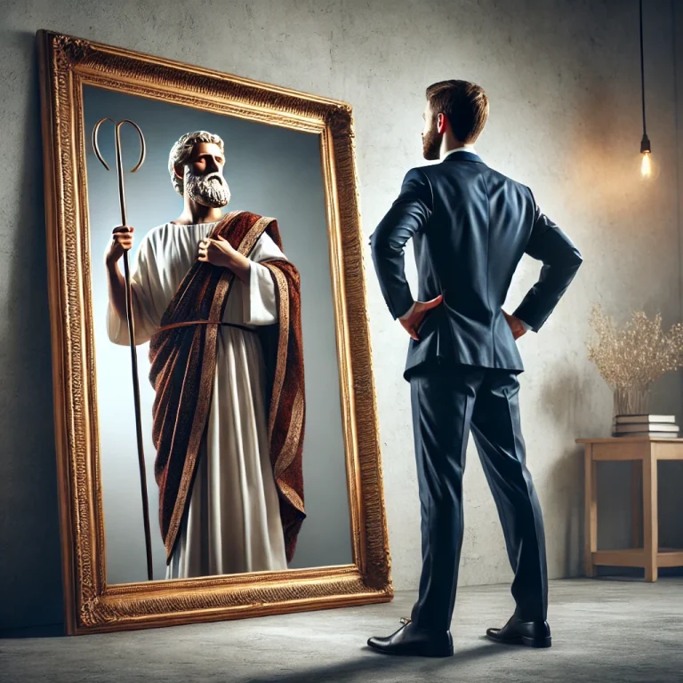 modern man looking in mirroe=r and seeing image of ancient man revealing his unchanging human nature