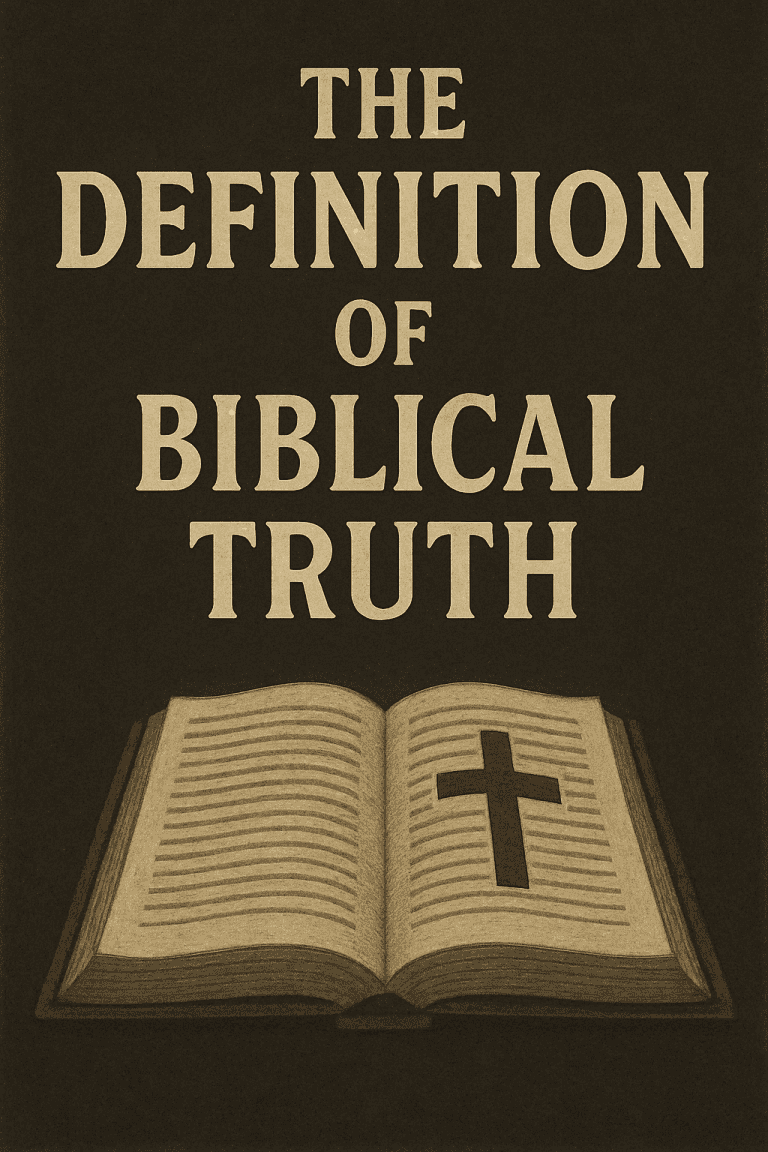 A vintage-style digital illustration of an open Bible resting on a dark surface, with a black cross overlaying one of its pages. The background is textured and brown, evoking an aged parchment feel, complementing the bold beige title text “The Definition of Biblical Truth.”