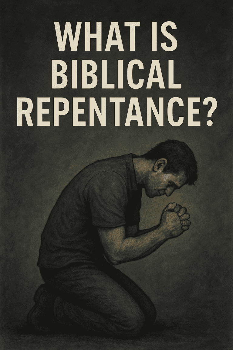 A digital illustration of a man kneeling with his head bowed and hands clasped in prayer, set against a dark, moody background. The image conveys humility, sorrow, and introspection, visually representing the concept of biblical repentance.