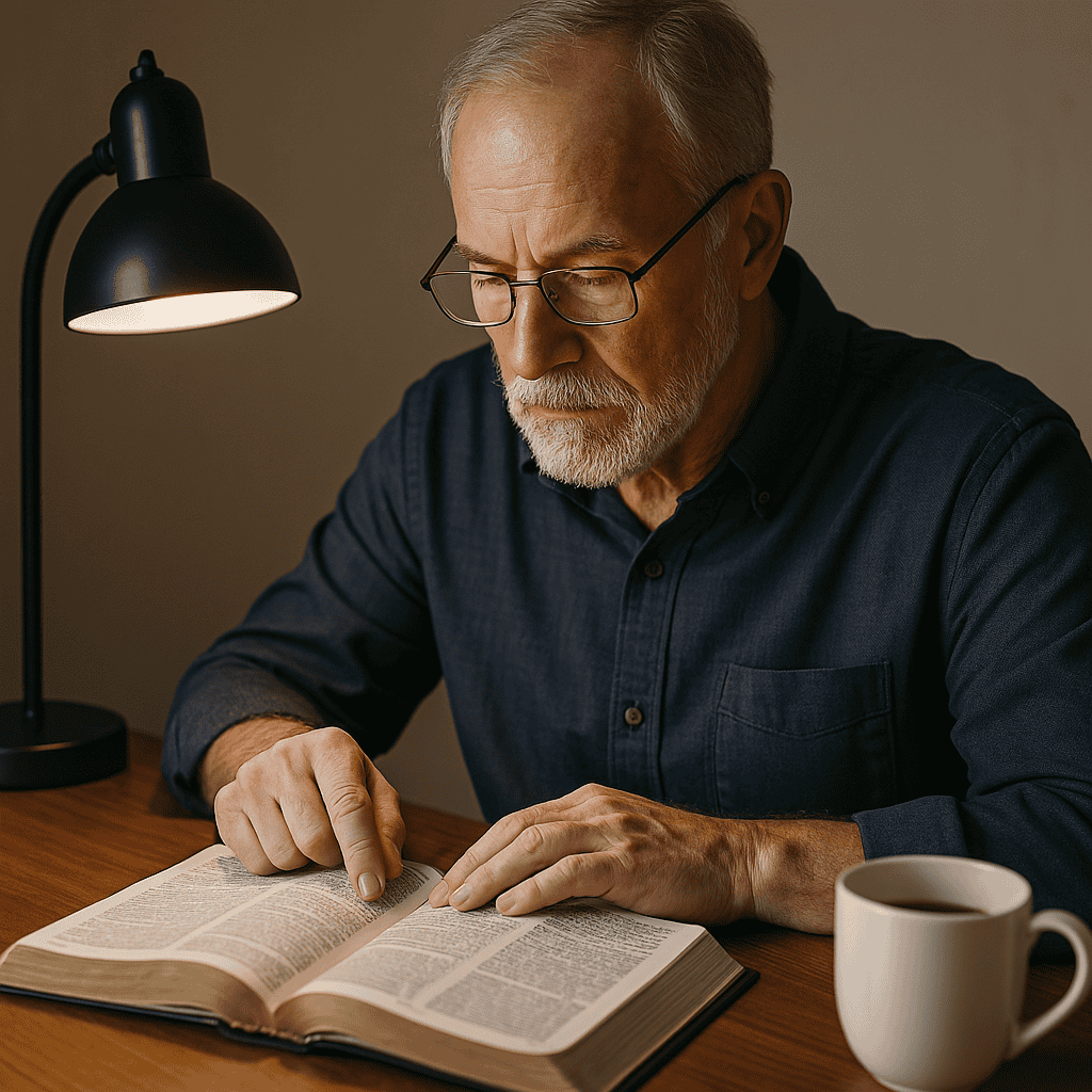 Christian man reading his bible symbolizing spiritual growth after 50