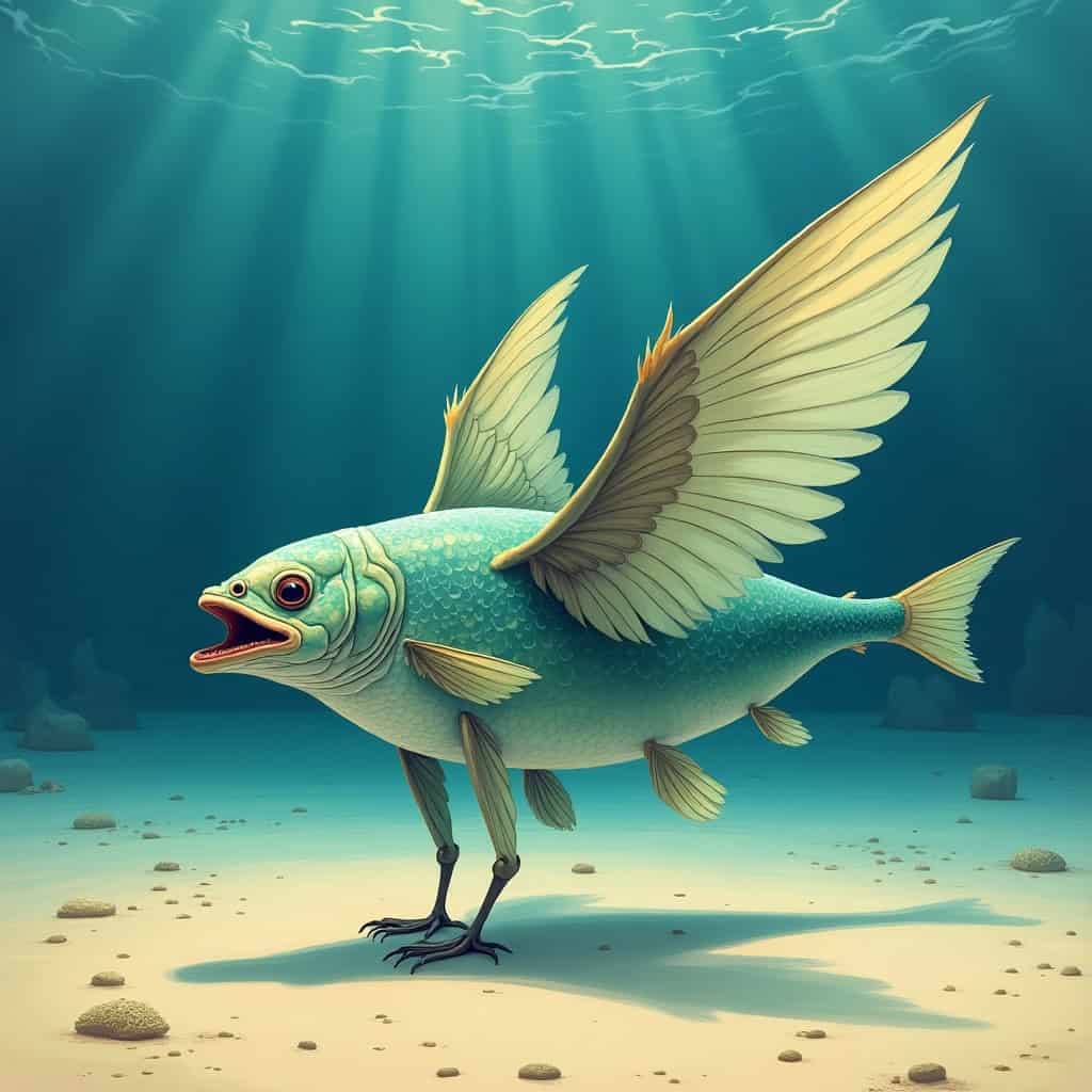 Illustration of a fish with bird wings, visually questioning whether one species can evolve into another