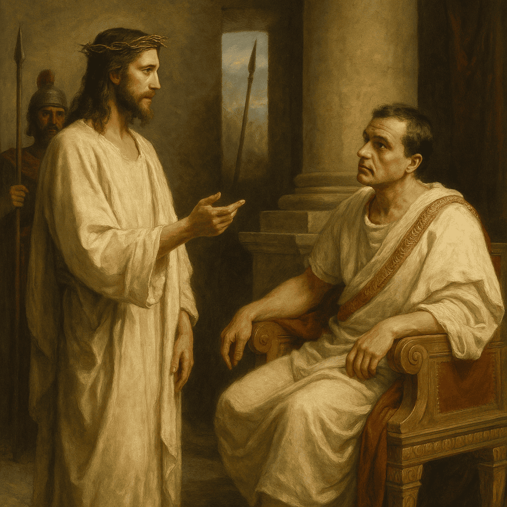 Jesus standing before Pilate—classical courtroom scene capturing Christ’s calm authority as He declares the truth of His mission.