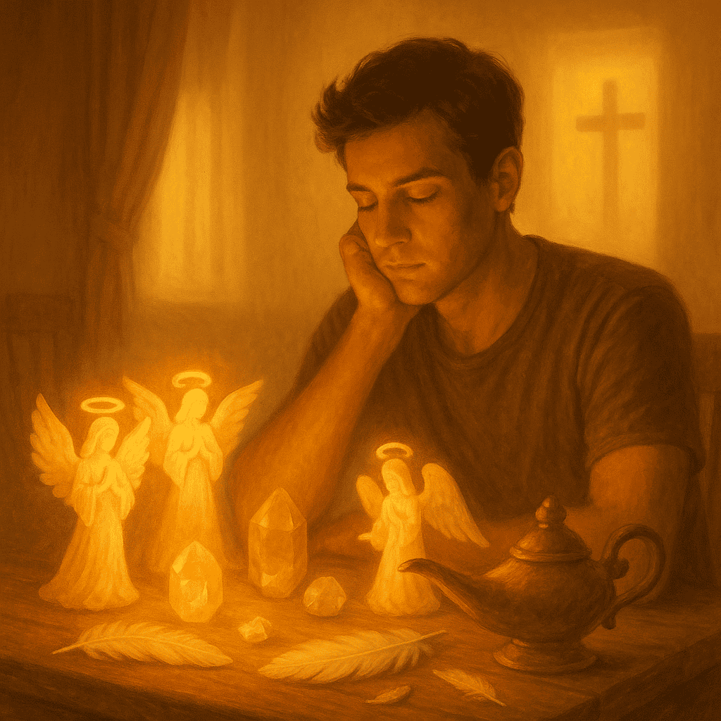 A young man sits at a table surrounded by angel figurines, feathers, crystals, and a genie lamp, staring thoughtfully as a cross glows faintly in the background—highlighting misplaced spiritual focus.
