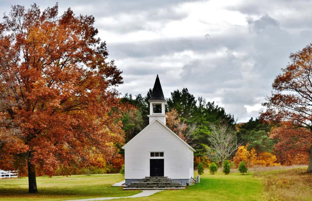 OLd white church where the 5 essential beliefs of Christianity would have been practived