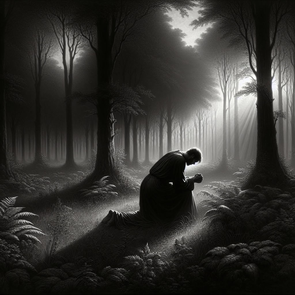 Kneeling Christian in morning light, symbolizing the battle of faith and repentance in why do I keep sinning as a Christian