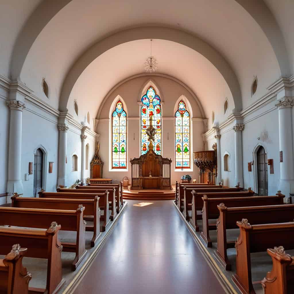 Inside view of a sanctuary in a dying church with empty pews and fading light, capturing the silence and decline of many aging congregations