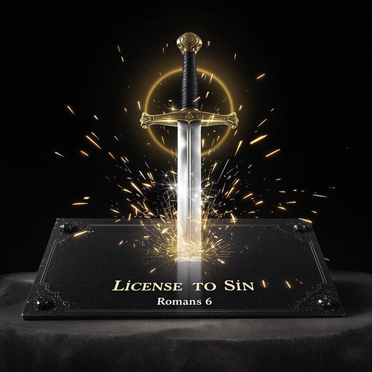 Sword shattering a forged plaque labeled “LICENSE TO SIN,” symbolizing how God’s grace destroys sin’s permission slip and answers: is grace a license to sin?