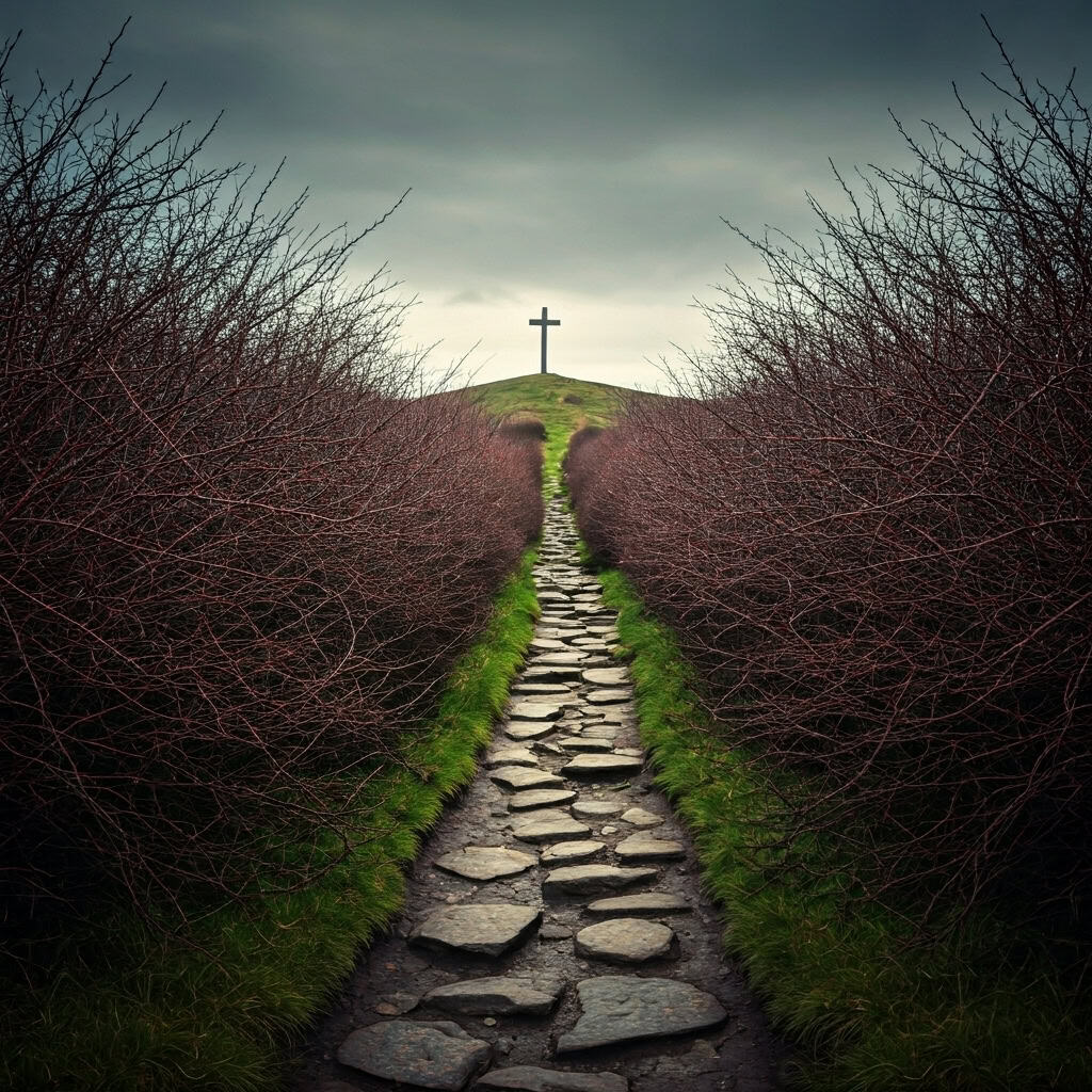 Narrow thorn-covered path leading to a distant cross, illustrating the cost of discipleship and the truth behind the question: is grace a license to sin?