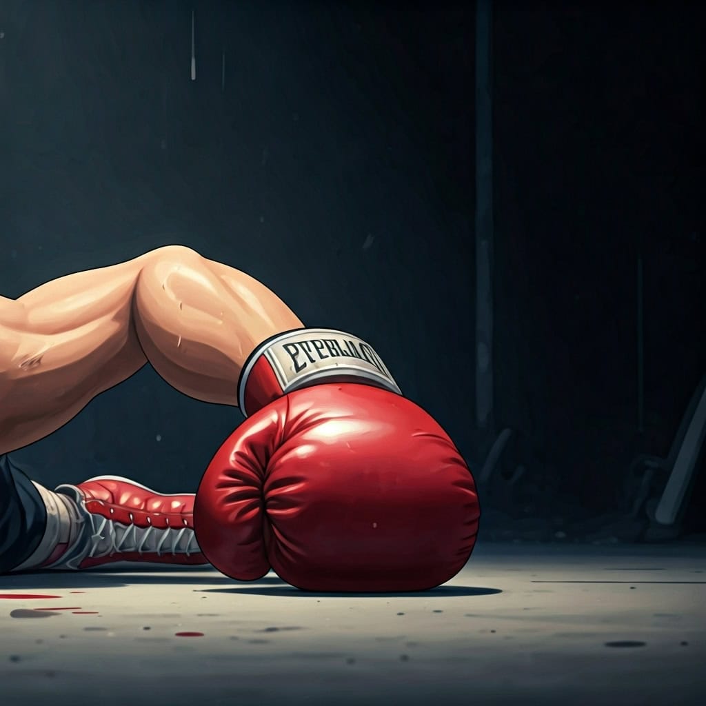 Boxer’s gloved arm on concrete floor, capturing the exhaustion and fight to rise again after sin