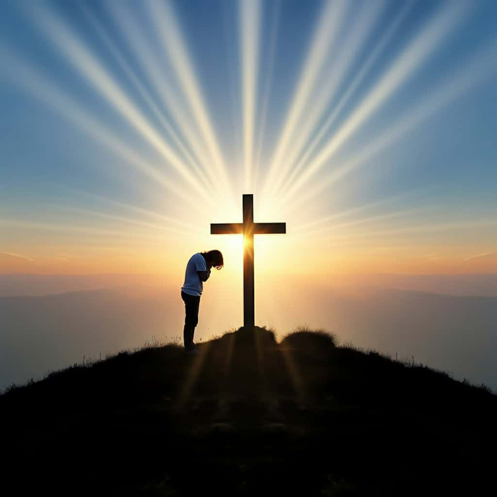 Person standing at sunrise beneath a cross, symbolizing grace despite failure and the struggle in why do I keep sinning as a Christian