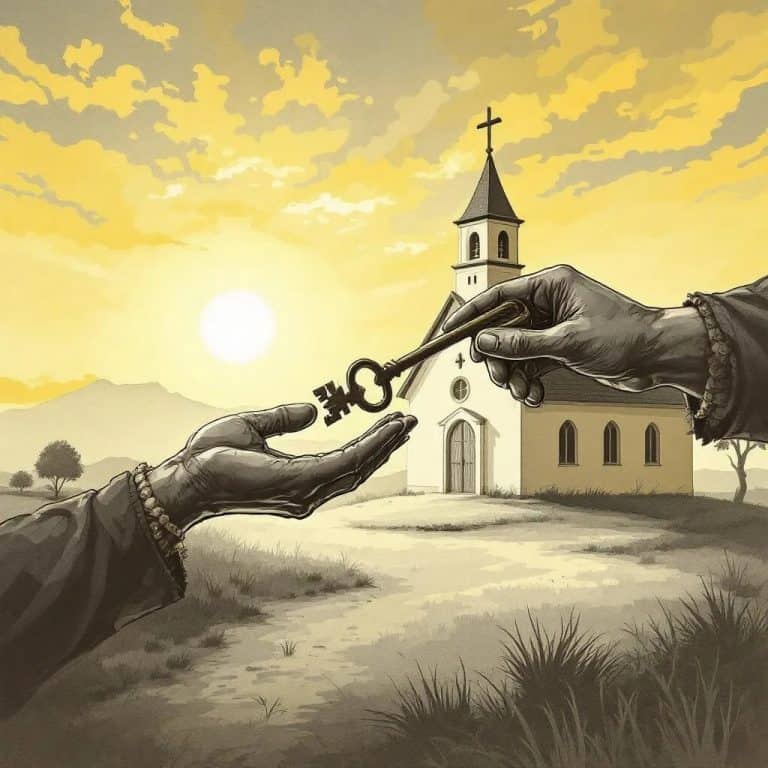 Passing a church key in front of a small sanctuary, symbolizing the faithful transfer of dying churches to Gospel-centered congregations