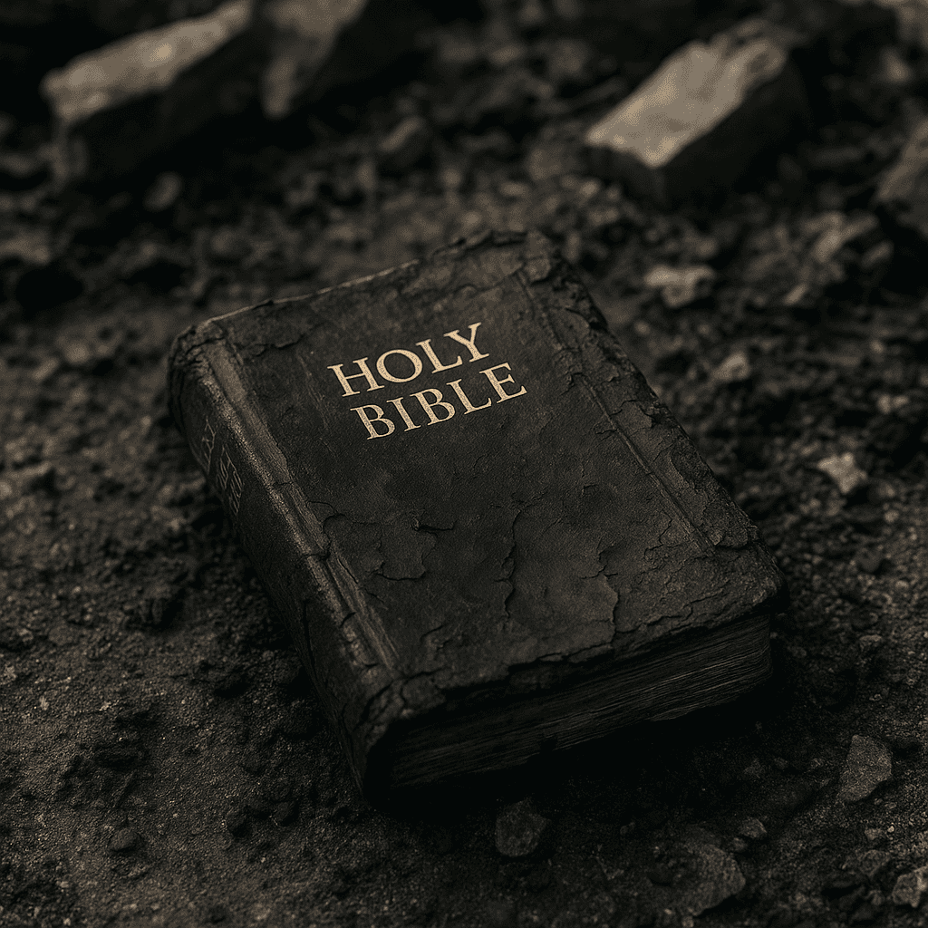 Charred Bible intact among ruins, symbolizing how Scripture endures attacks and persecution—Is the Bible true?