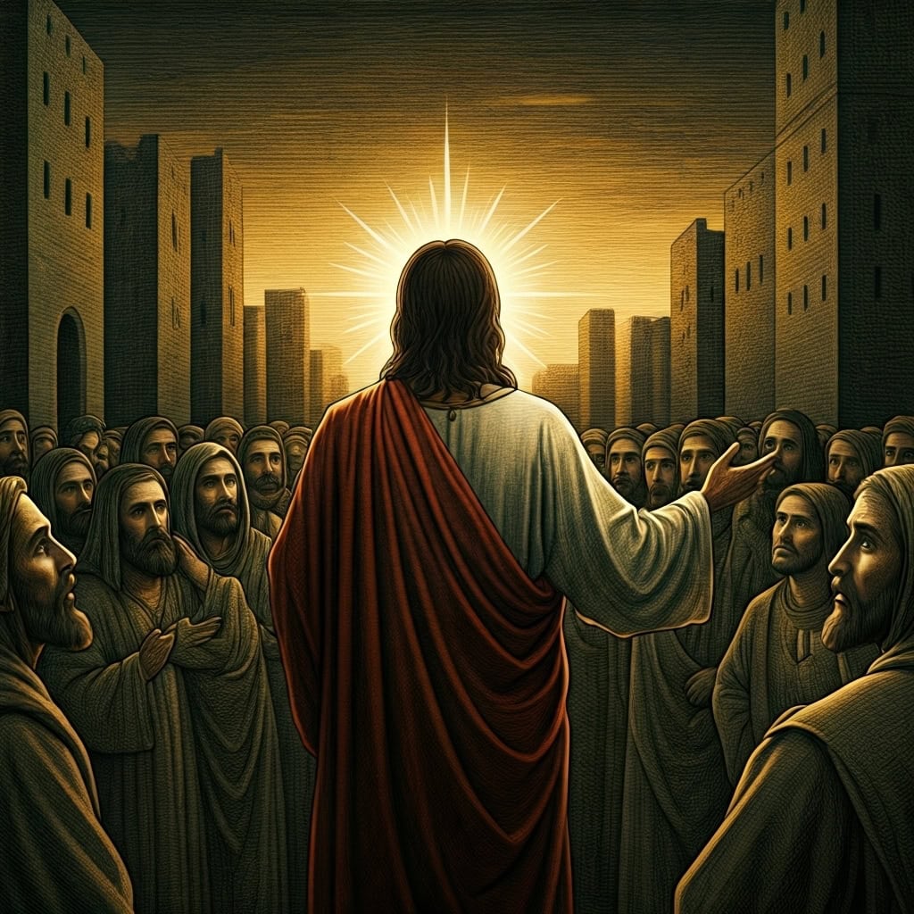 Illustration of Jesus standing before a divided crowd, capturing the tension in the question what did Jesus say about homosexuality and His call to repentance.