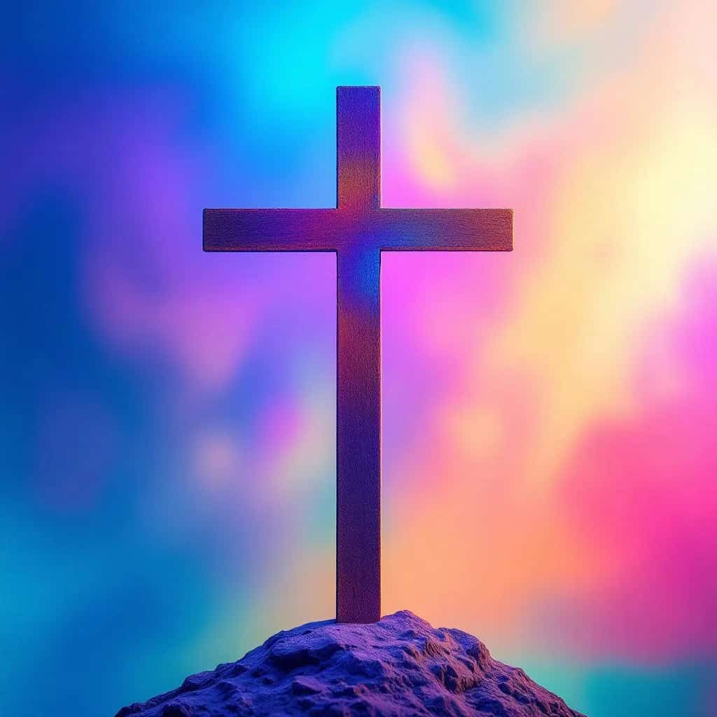 Silhouette of a cross against a rainbow-hued stormy sky, highlighting the question what did Jesus say about homosexuality and His call to truth and repentance.
