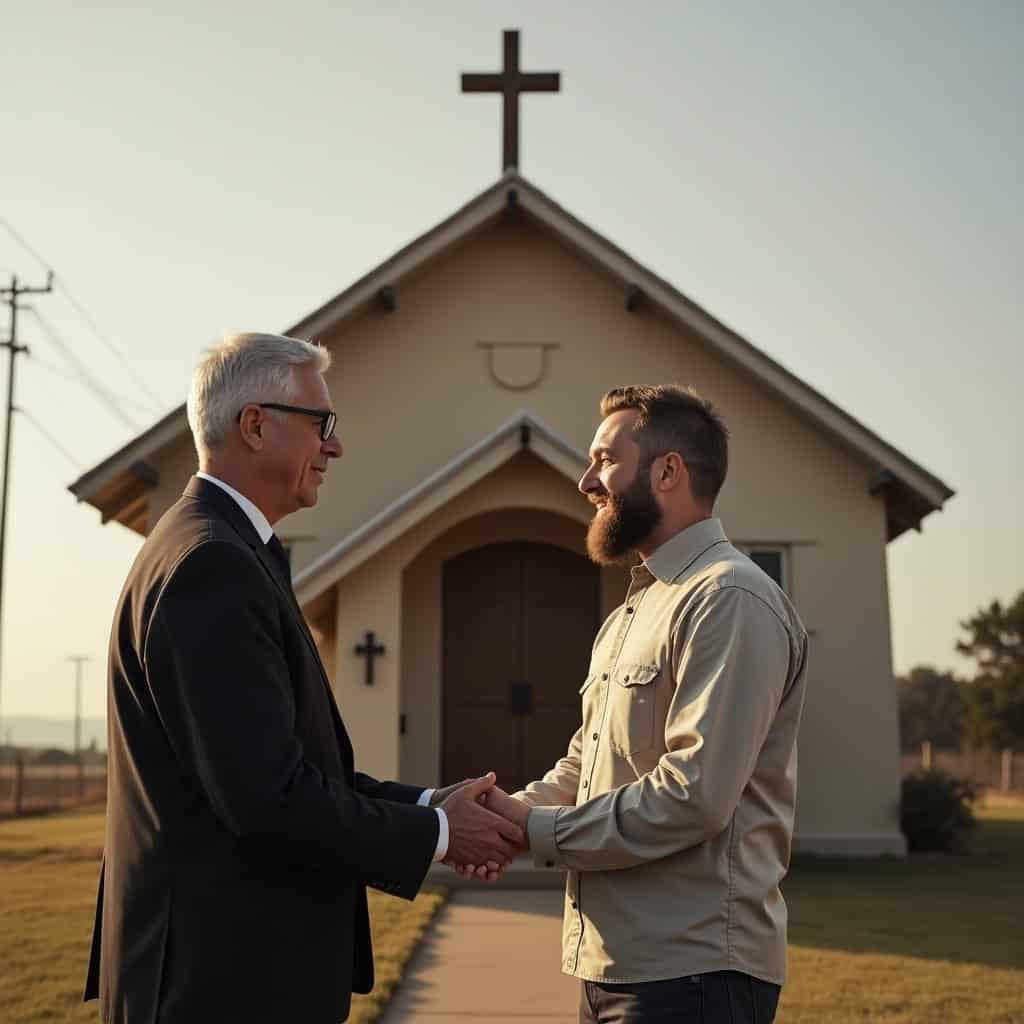 Symbolic handoff between pastors representing how dying churches can transfer property to thriving ministries for continued Gospel impact