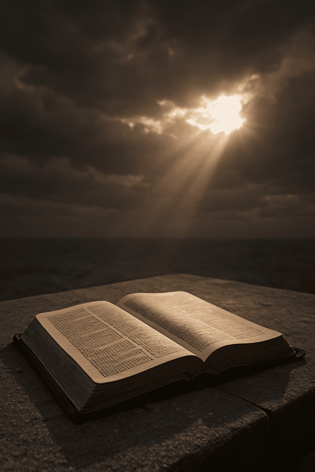 Open Bible on stone under dramatic sky, lit by a sunbeam—evoking the question: Is the Bible true?