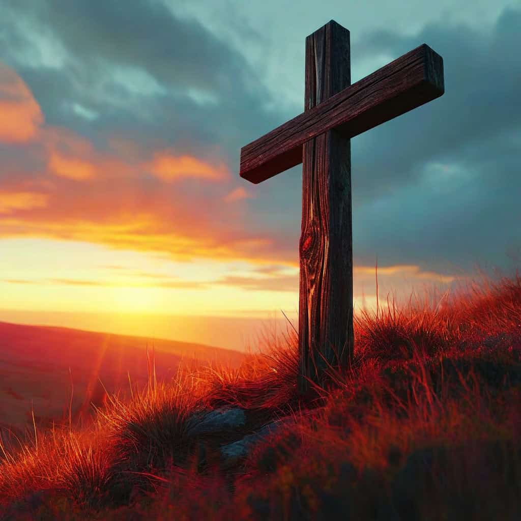 Wooden cross at sunrise, symbolizing what does genuine repentance look like through the finished work of Christ.