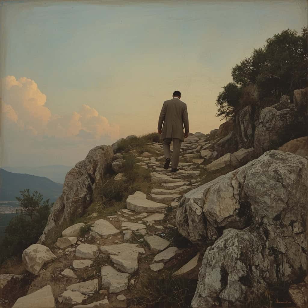 Man walking uphill at sunrise, symbolizing the question: can Christians struggle with the same sin for years?