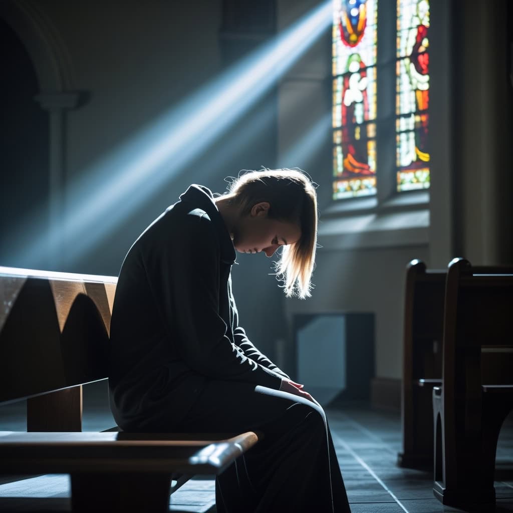 Woman sitting in church pew asking, Have I committed the unforgivable sin?