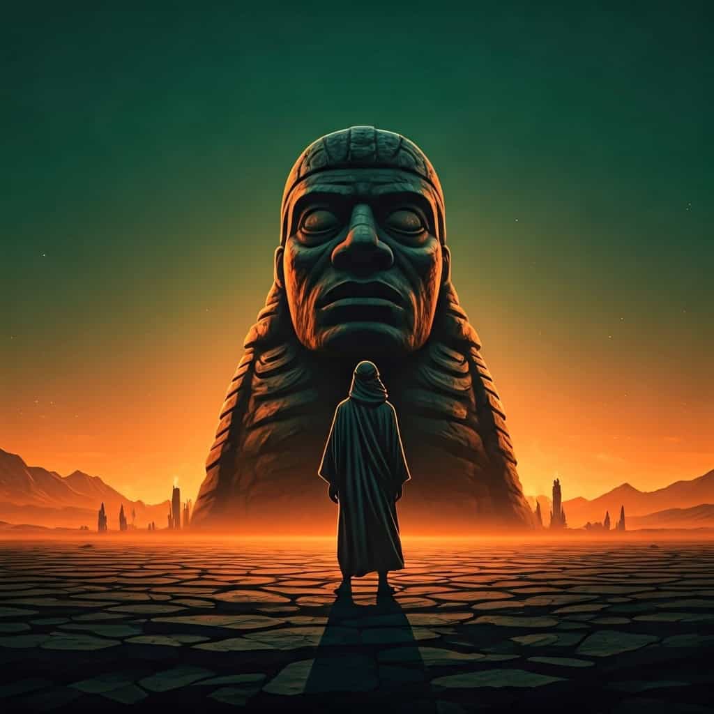Silhouetted figure facing a pagan altar at sunset, representing the spiritual battle of Ba’al worship in the Old Testament.