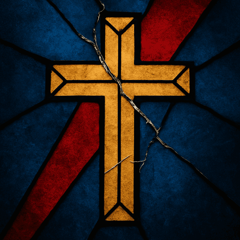Close-up of a cracked stained glass cross with vivid red and blue panels, symbolizing church hurt meaning and brokenness in the church.