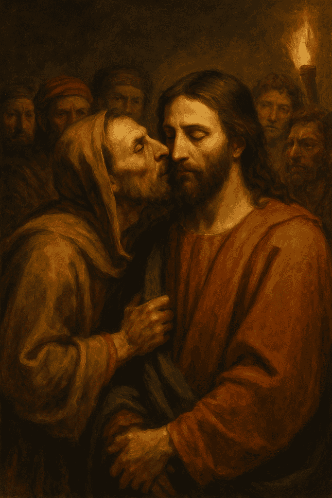 Biblical painting of Judas betraying Jesus with a kiss in Gethsemane, symbolizing church hurt and betrayal within God’s people.