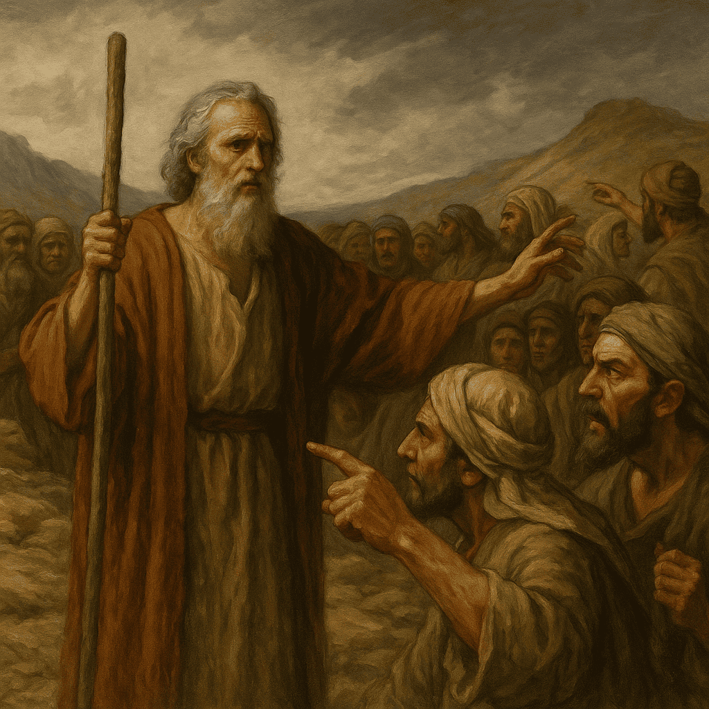 Moses on Mount Sinai with a crowd of Israelites in the background—depicting early biblical conflict as an example of church hurt.