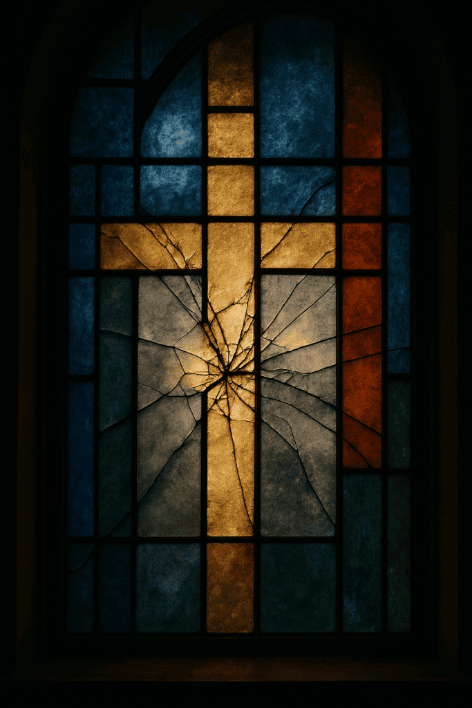 Cracked stained glass window symbolizing church hurt meaning and brokenness in the church.