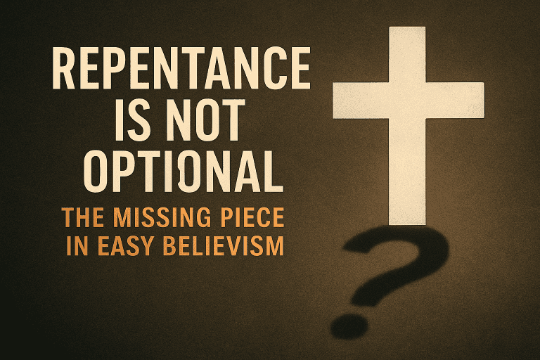 Cross casting a shadow in the shape of a question mark next to bold text that reads ‘Repentance Is Not Optional: The Missing Piece in Easy Believism