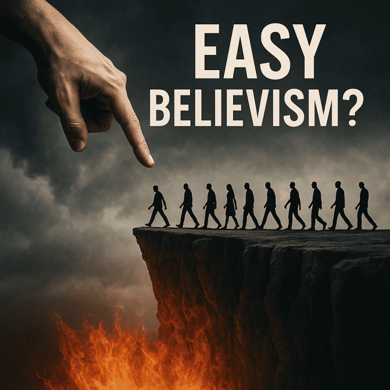 Easy believism depicted as people blindly walking off a cliff into fire beneath a giant hand pointing them forward