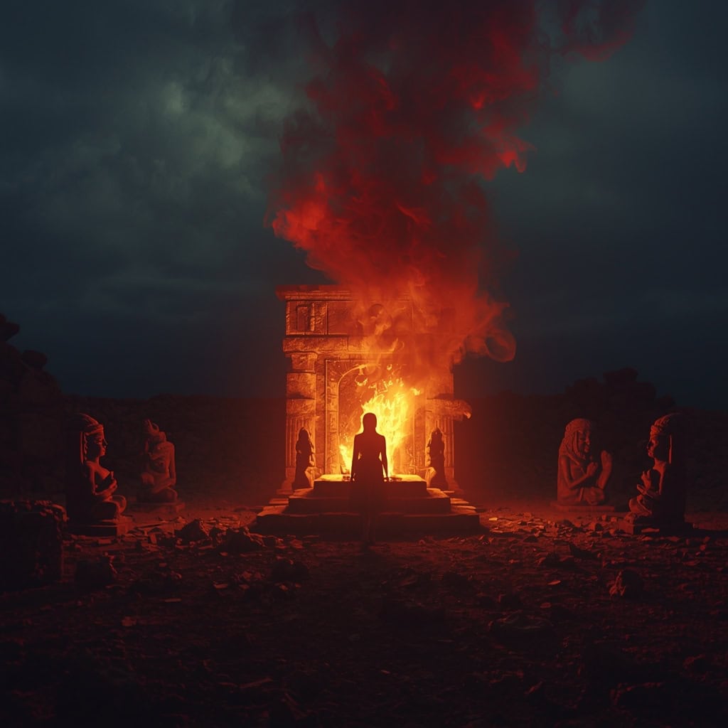 Ancient pagan altar used for child sacrifice in the Bible with fire and stone idols