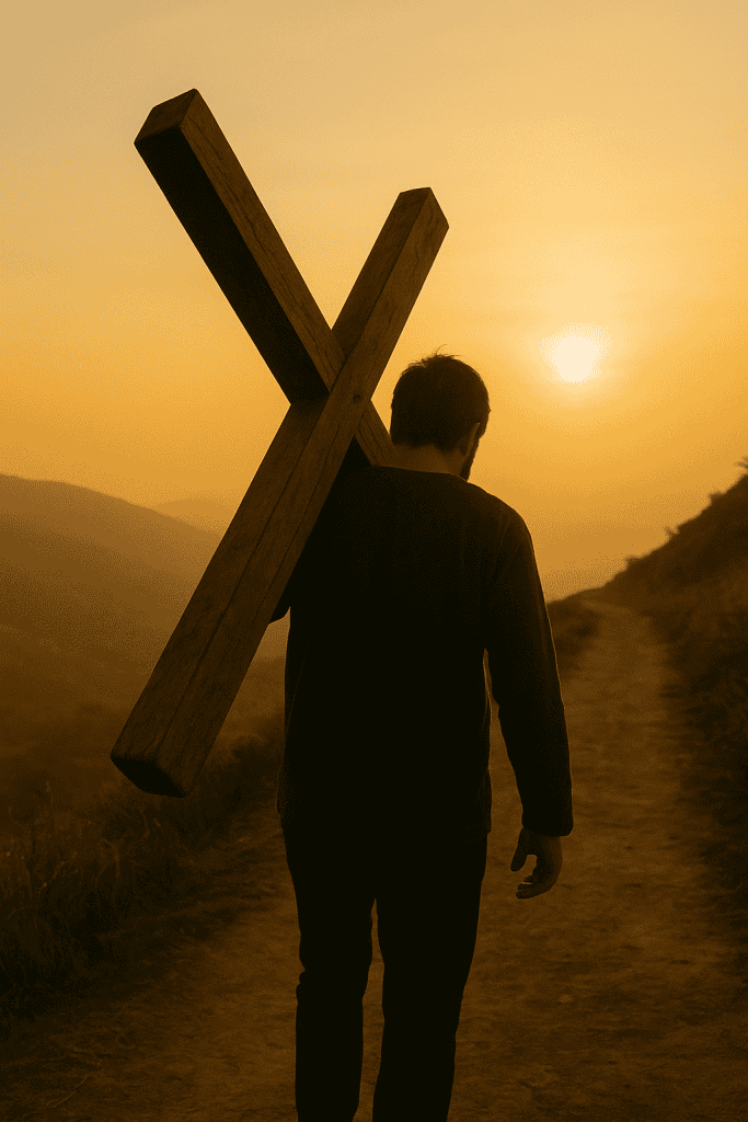 Christian man walking alone at sunset, carrying a wooden cross on his shoulder along a narrow dirt path—symbolizing the cost of discipleship and rejection of easy believism.









Ask ChatGPT
