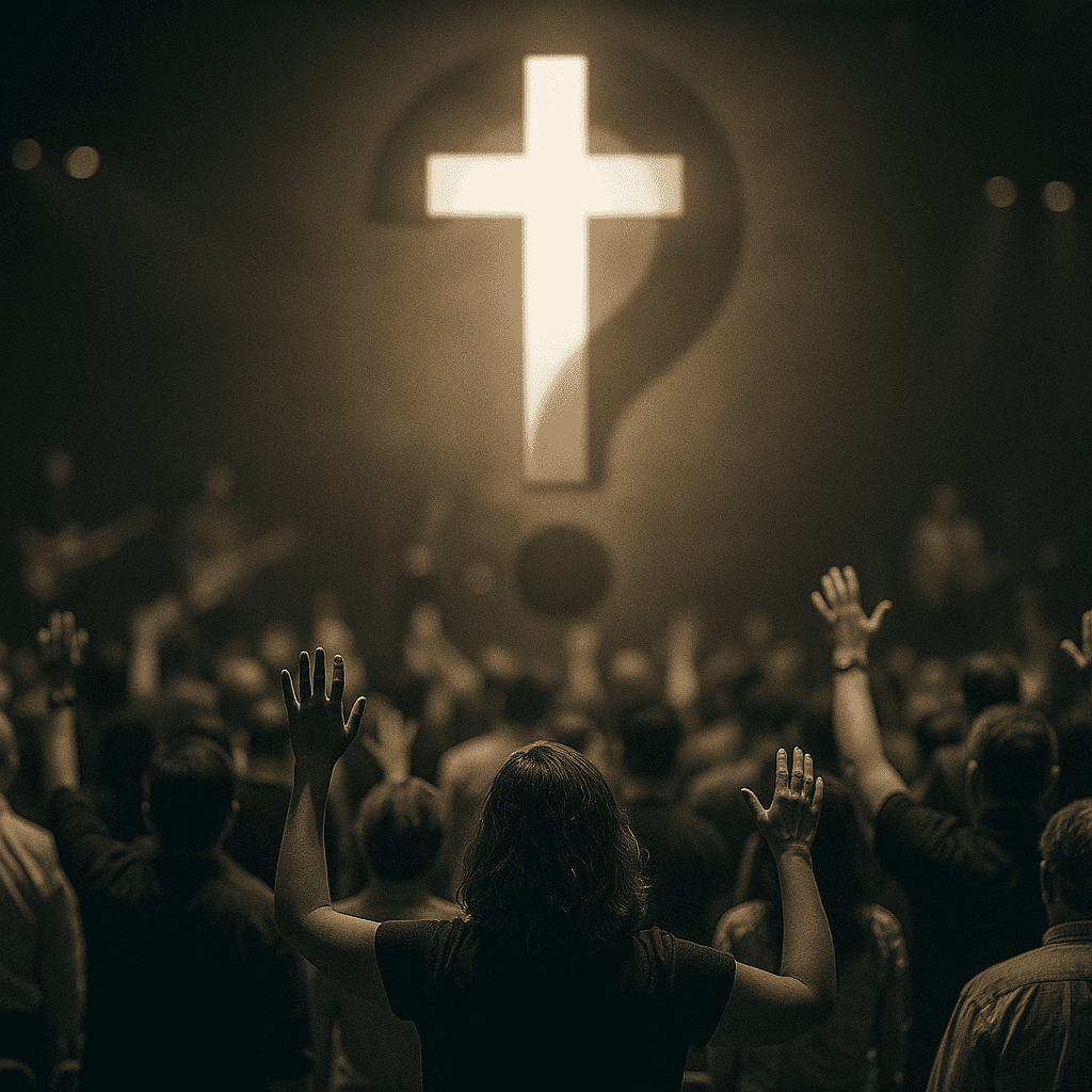 Congregation in worship under a cross-shaped question mark symbolizing the missing call to repentance in easy believism